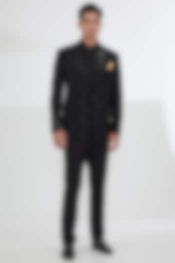 Black Silk Wool Jacquard Cutdana Work Tuxedo Set by SBJ at Pernia's Pop Up Shop
