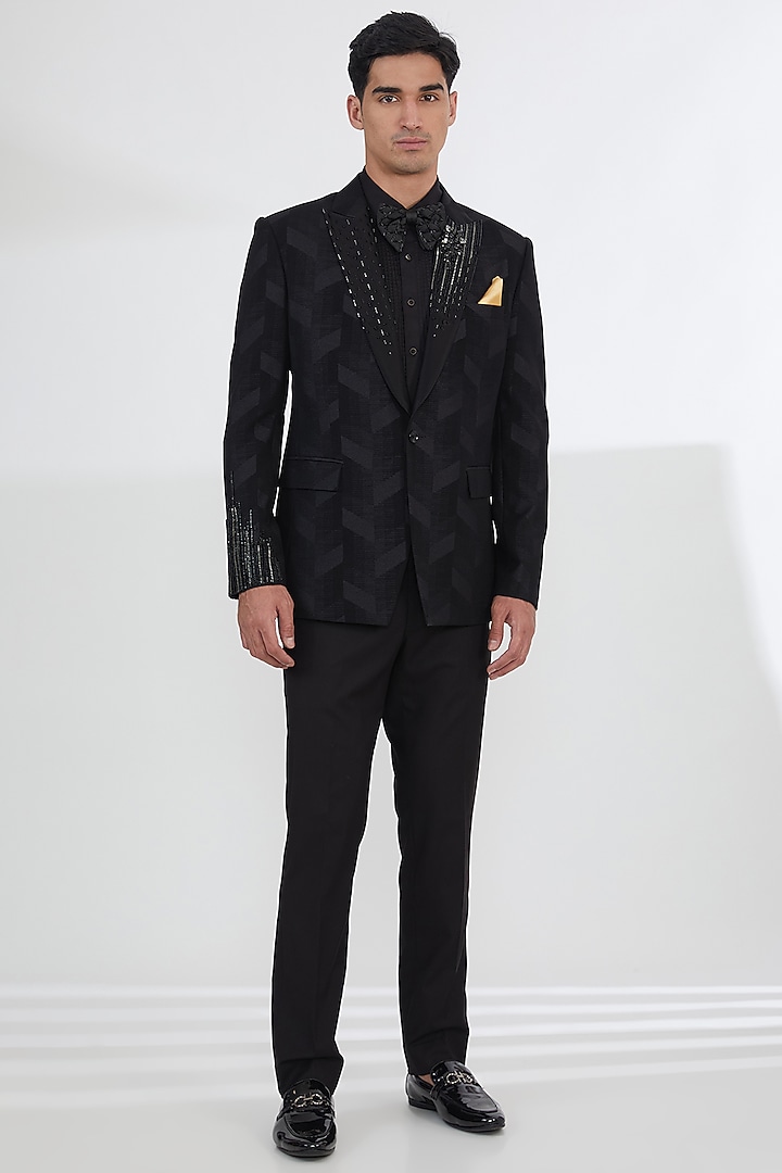 Black Silk Wool Jacquard Cutdana Work Tuxedo Set by SBJ at Pernia's Pop Up Shop
