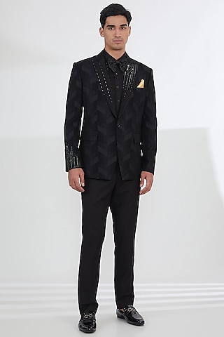 Black Silk Wool Jacquard Cutdana Work Tuxedo Set by SBJ