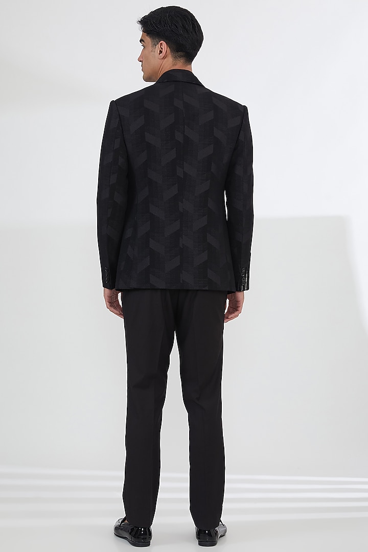 Black Silk Wool Jacquard Cutdana Work Tuxedo Set by SBJ at Pernia's Pop Up Shop