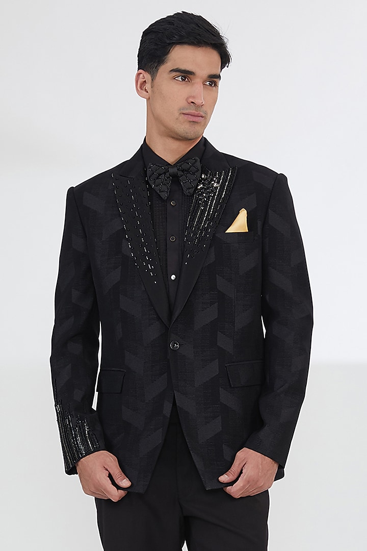 Black Silk Wool Jacquard Cutdana Work Tuxedo Set by SBJ at Pernia's Pop Up Shop