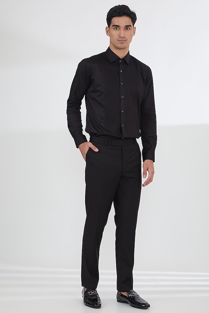 Black Silk Wool Jacquard Cutdana Work Tuxedo Set by SBJ at Pernia's Pop Up Shop