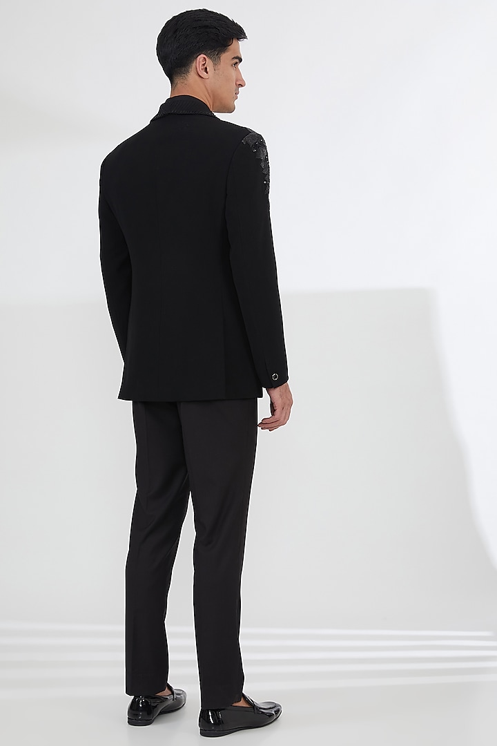 Black Poly Viscose & Lycra Embroidered Tuxedo Set by SBJ at Pernia's Pop Up Shop