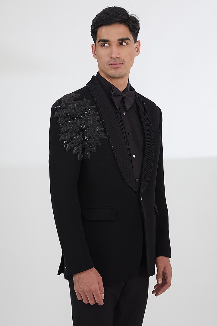 Black Poly Viscose & Lycra Embroidered Tuxedo Set by SBJ at Pernia's Pop Up Shop