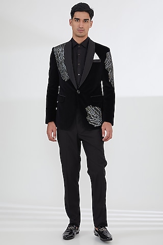 Black Cotton Velvet Dabka Work Tuxedo Set by SBJ
