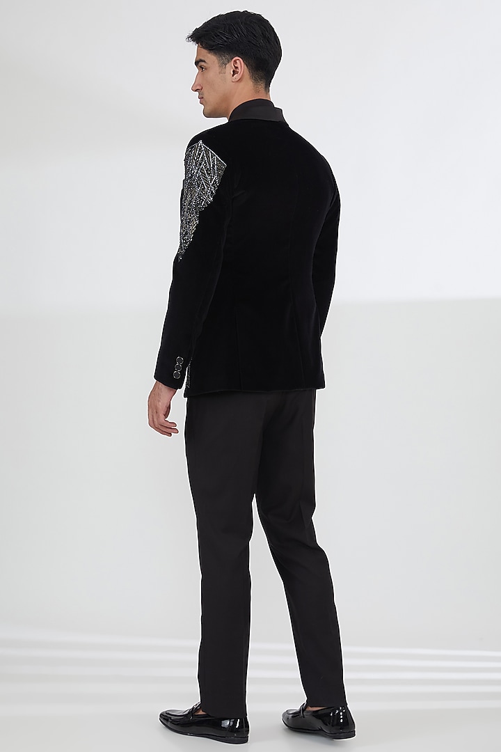 Black Cotton Velvet Dabka Work Tuxedo Set by SBJ at Pernia's Pop Up Shop