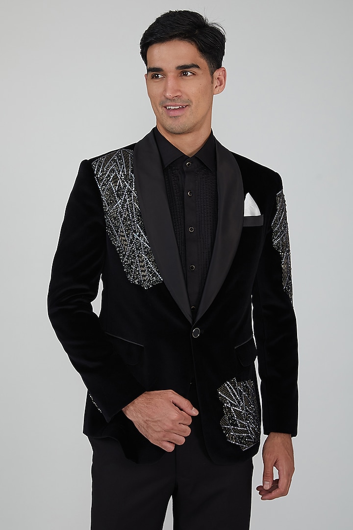 Black Cotton Velvet Dabka Work Tuxedo Set by SBJ at Pernia's Pop Up Shop