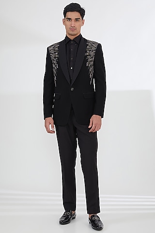 Black Poly Viscose & Lycra Cutdana Work Tuxedo Set by SBJ