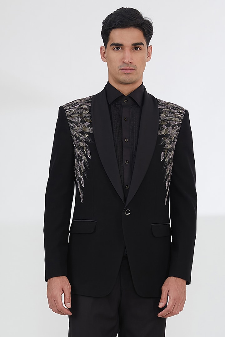 Black Poly Viscose & Lycra Cutdana Work Tuxedo Set by SBJ at Pernia's Pop Up Shop