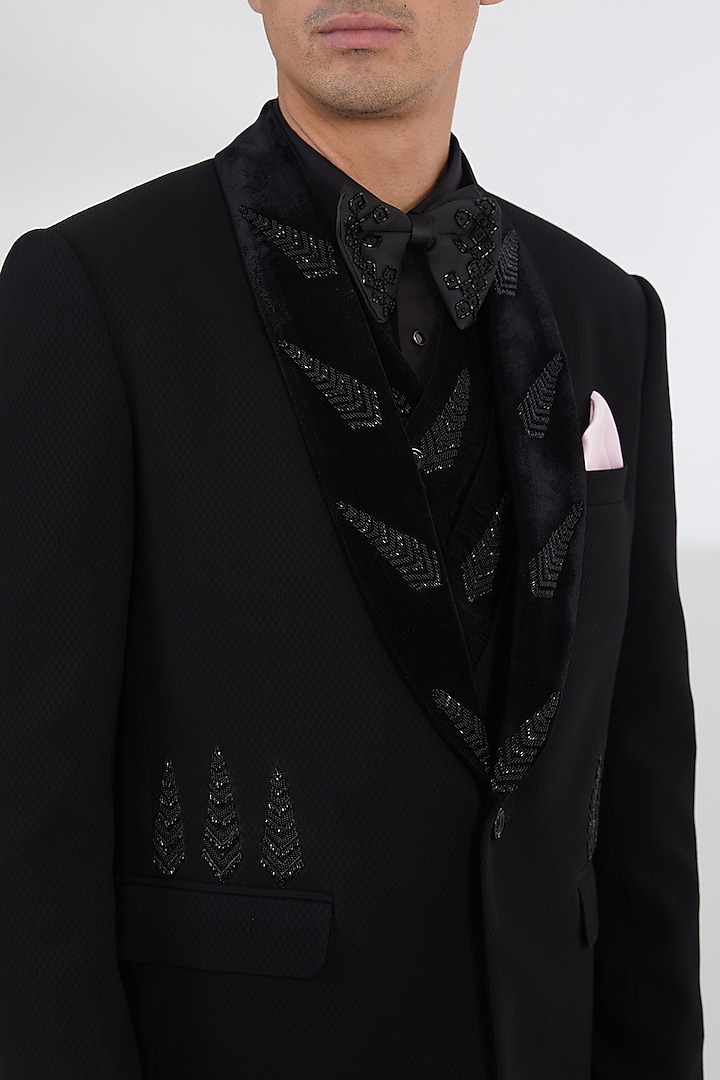Black Italian Fabric Cutdana Work Tuxedo Set by SBJ at Pernia's Pop Up Shop