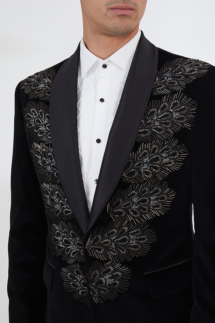 Black Cotton Velvet Beadwork Tuxedo Set by SBJ at Pernia's Pop Up Shop