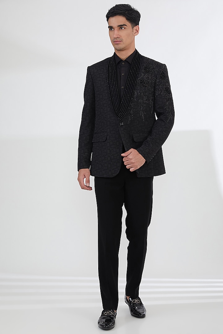 Black Italian Fabric Cutdana Work Tuxedo Set by SBJ