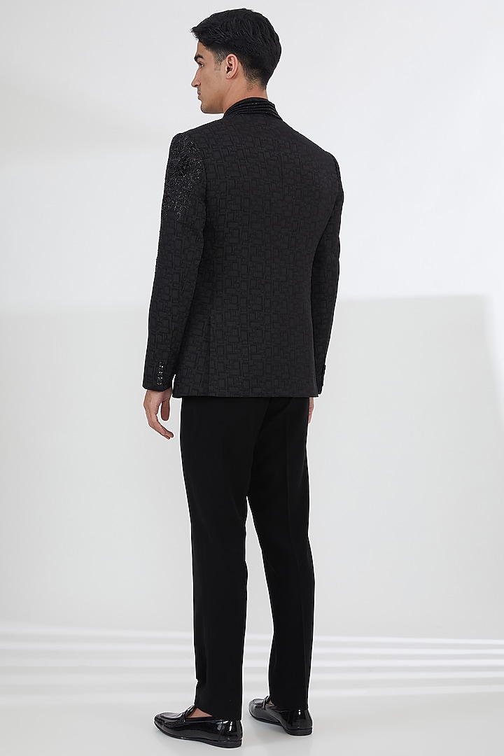 Black Italian Fabric Cutdana Work Tuxedo Set by SBJ at Pernia's Pop Up Shop