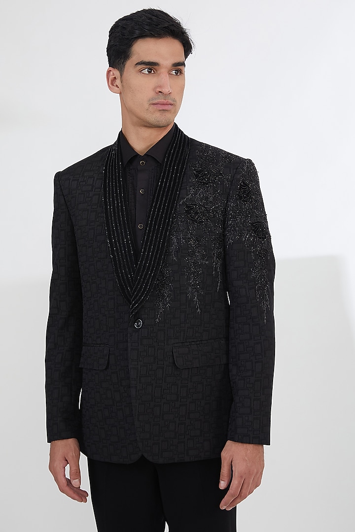 Black Italian Fabric Cutdana Work Tuxedo Set by SBJ at Pernia's Pop Up Shop