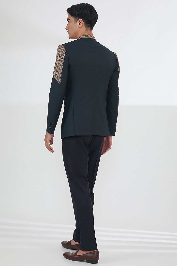 Black Silk Wool Bead Embroidered Wedding Bandhgala Set by SBJ at Pernia's Pop Up Shop