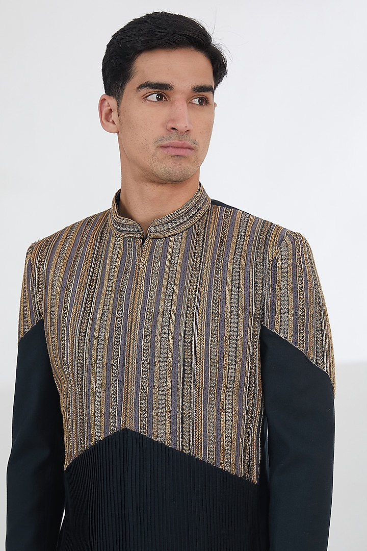 Black Silk Wool Bead Embroidered Wedding Bandhgala Set by SBJ at Pernia's Pop Up Shop