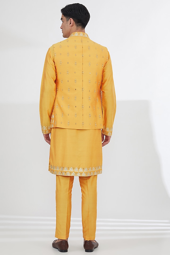 Yellow Cotton Silk Mirror Work Wedding Indowestern Set by SBJ at Pernia's Pop Up Shop