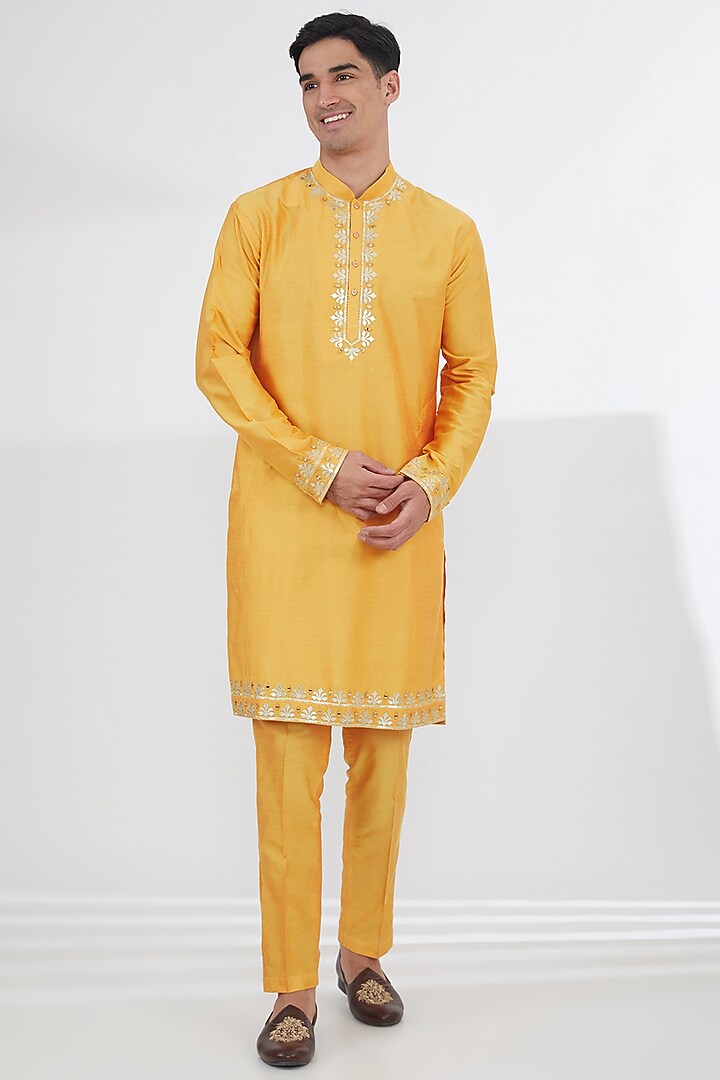 Yellow Cotton Silk Mirror Work Wedding Indowestern Set by SBJ at Pernia's Pop Up Shop