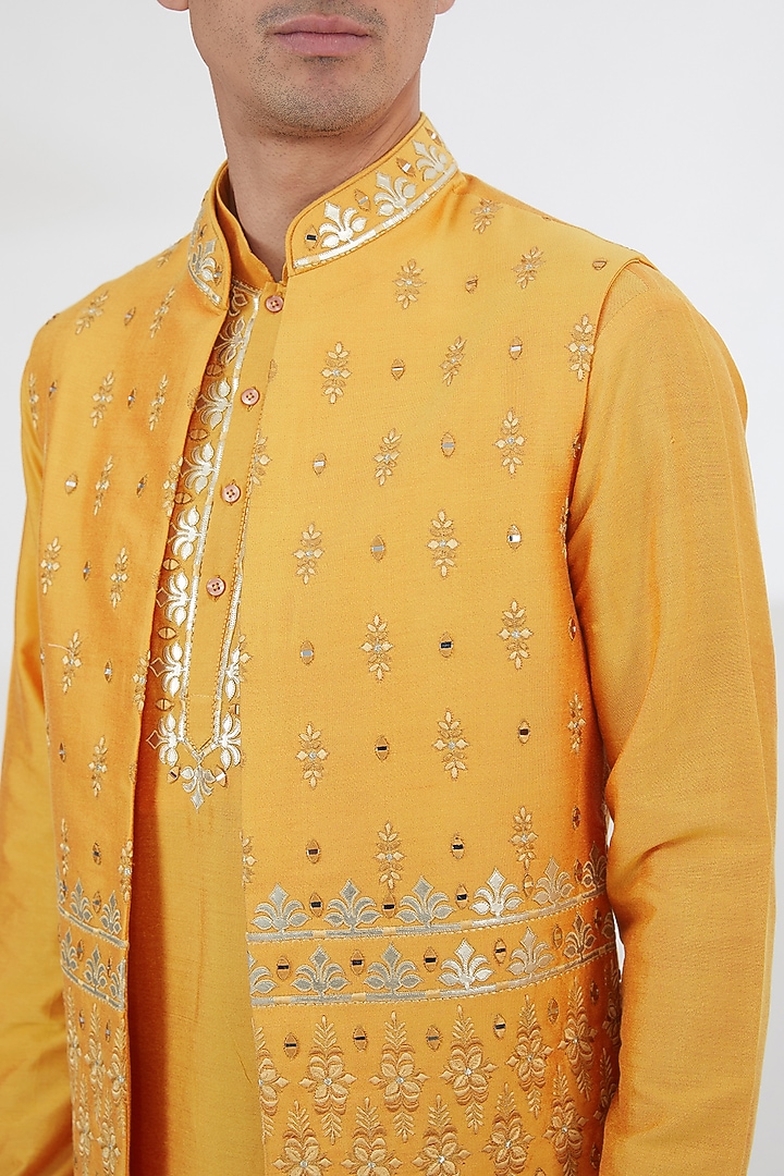 Yellow Cotton Silk Mirror Work Wedding Indowestern Set by SBJ at Pernia's Pop Up Shop