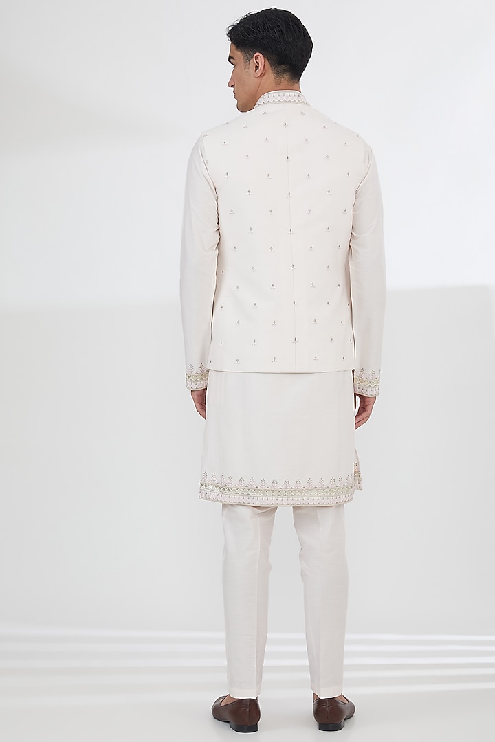 White Cotton Silk Thread Embroidered Wedding Indowestern Set by SBJ at Pernia's Pop Up Shop