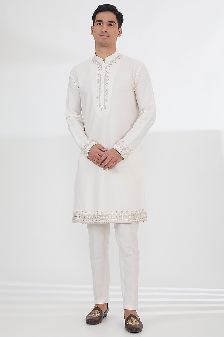 White Cotton Silk Thread Embroidered Wedding Indowestern Set by SBJ at Pernia's Pop Up Shop