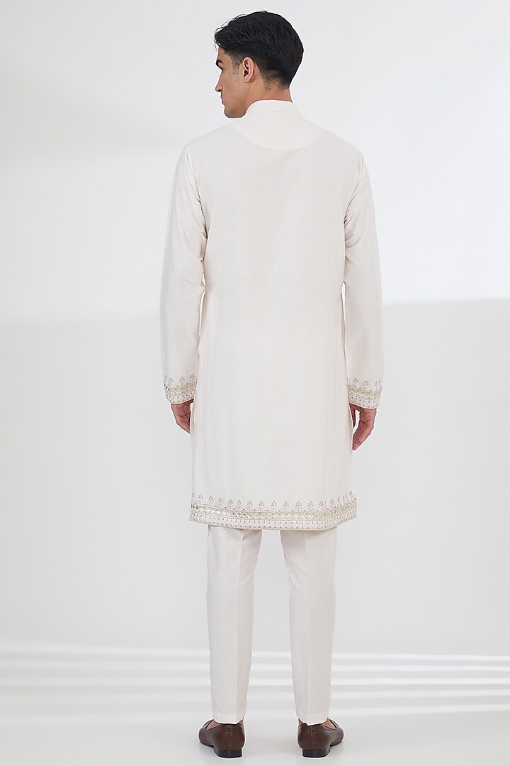 White Cotton Silk Thread Embroidered Wedding Indowestern Set by SBJ at Pernia's Pop Up Shop