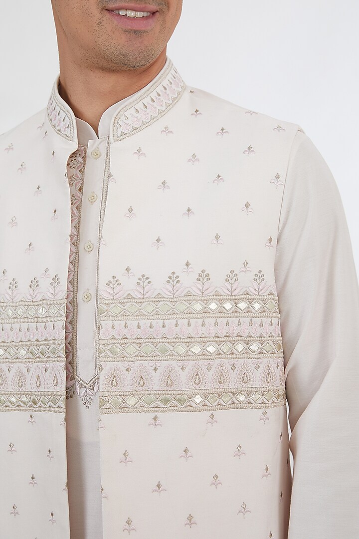 White Cotton Silk Thread Embroidered Wedding Indowestern Set by SBJ at Pernia's Pop Up Shop