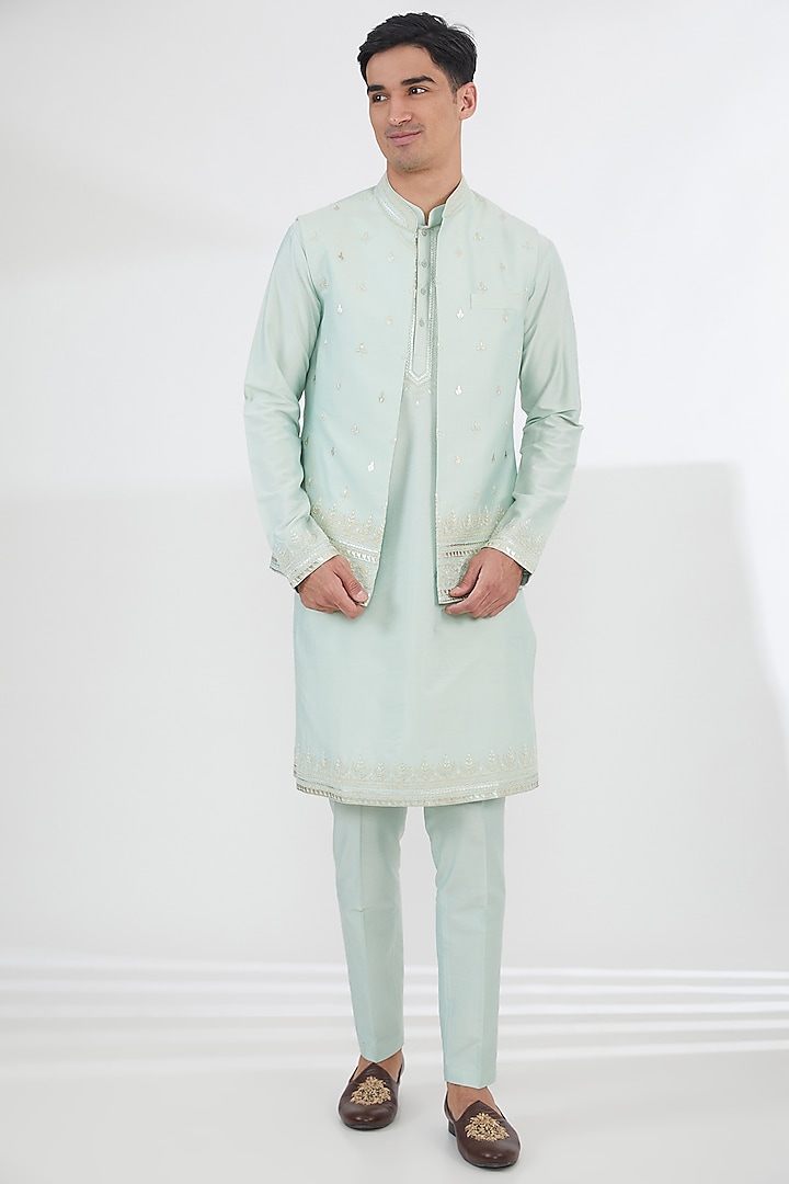 Light Mint Green Cotton Silk Thread Embroidered Indowestern Set by SBJ at Pernia's Pop Up Shop