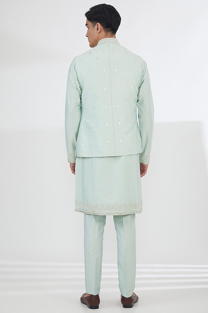 Light Mint Green Cotton Silk Thread Embroidered Wedding Indowestern Set by SBJ at Pernia's Pop Up Shop