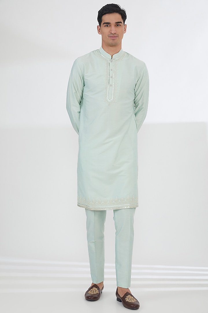 Light Mint Green Cotton Silk Thread Embroidered Wedding Indowestern Set by SBJ at Pernia's Pop Up Shop