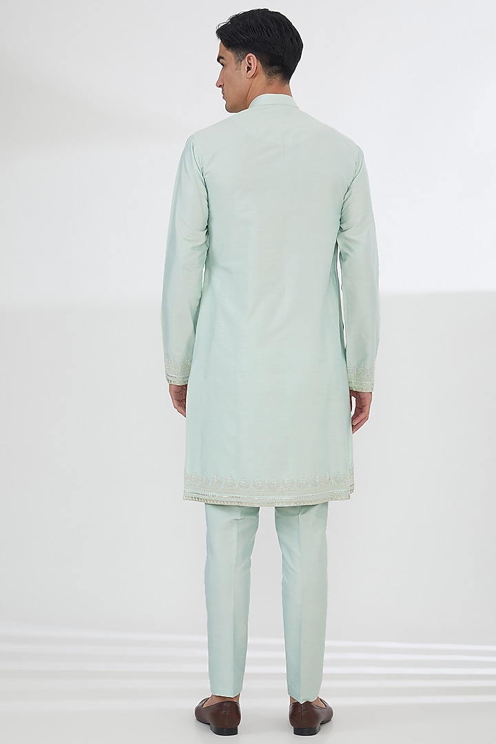 Light Mint Green Cotton Silk Thread Embroidered Wedding Indowestern Set by SBJ at Pernia's Pop Up Shop