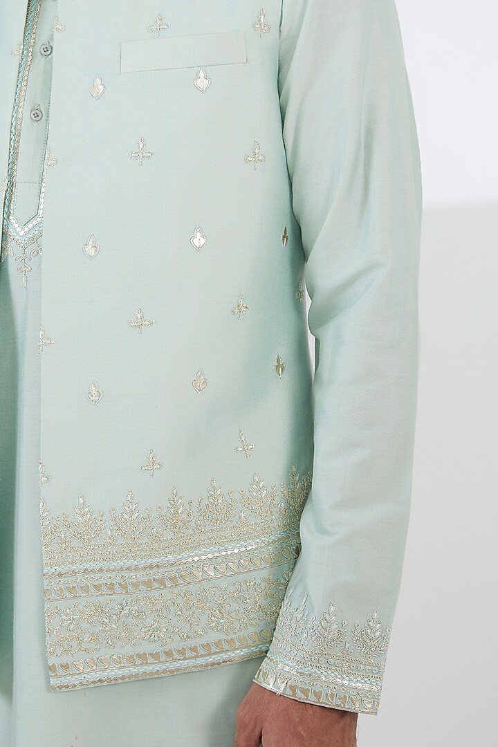 Light Mint Green Cotton Silk Thread Embroidered Wedding Indowestern Set by SBJ at Pernia's Pop Up Shop