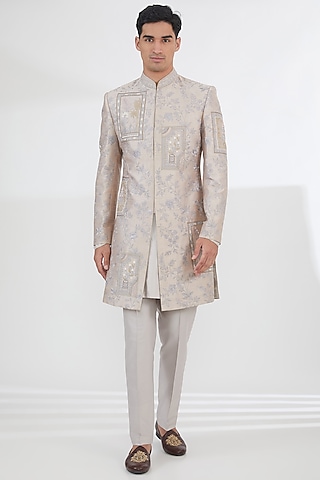 Mouse Beige Raw Silk Thread Embroidered Sherwani Set by SBJ
