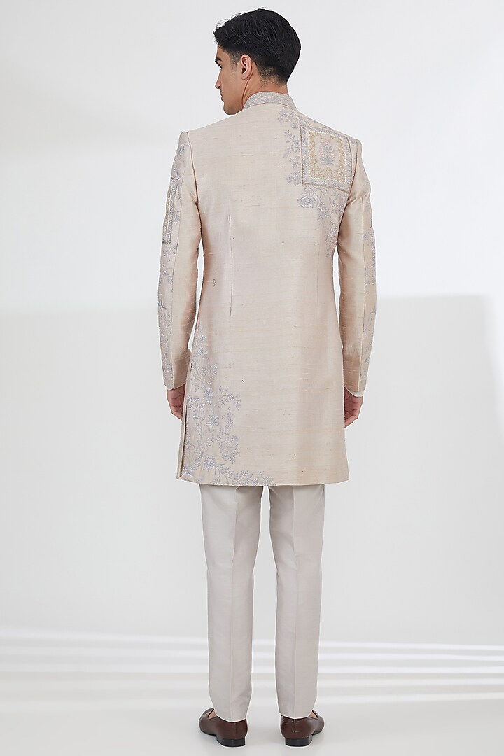 Mouse Beige Raw Silk Thread Embroidered Wedding Sherwani Set by SBJ at Pernia's Pop Up Shop