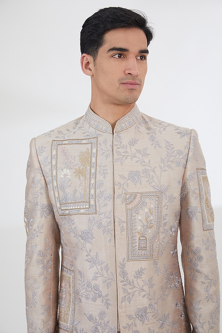 Mouse Beige Raw Silk Thread Embroidered Wedding Sherwani Set by SBJ at Pernia's Pop Up Shop