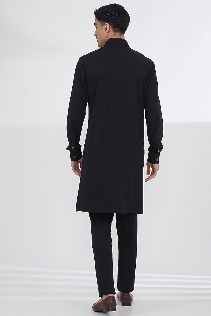 Black Lycra Motif Embroidered Kurta Set by SBJ at Pernia's Pop Up Shop