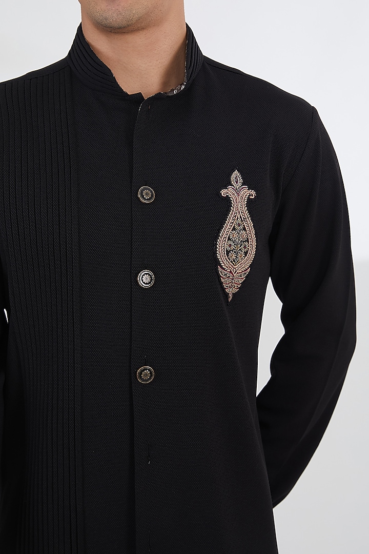 Black Lycra Motif Embroidered Kurta Set by SBJ at Pernia's Pop Up Shop