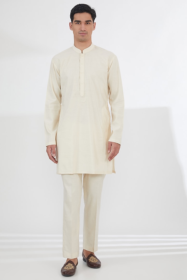 Light Peach Pink Raw Silk Thread Embroidered Wedding Sherwani Set by SBJ at Pernia's Pop Up Shop
