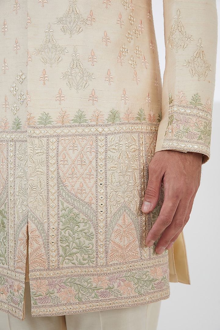 Light Peach Pink Raw Silk Thread Embroidered Wedding Sherwani Set by SBJ at Pernia's Pop Up Shop