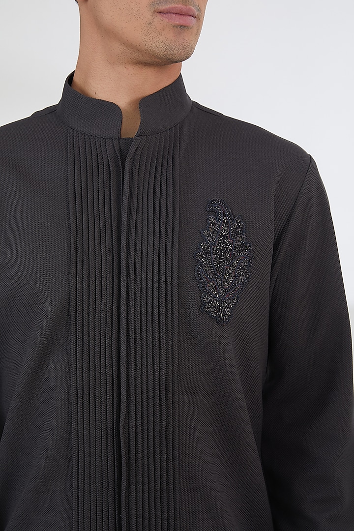 Charcoal Grey Lycra Motif Embroidered Kurta Set by SBJ at Pernia's Pop Up Shop