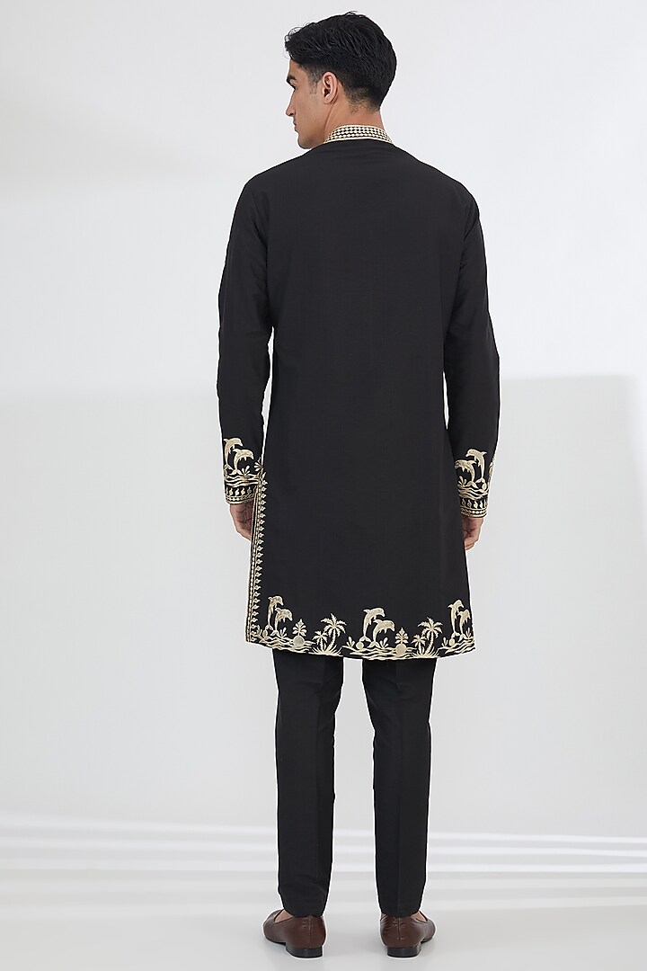 Black Cotton Silk Leatherite Work Kurta Set by SBJ at Pernia's Pop Up Shop