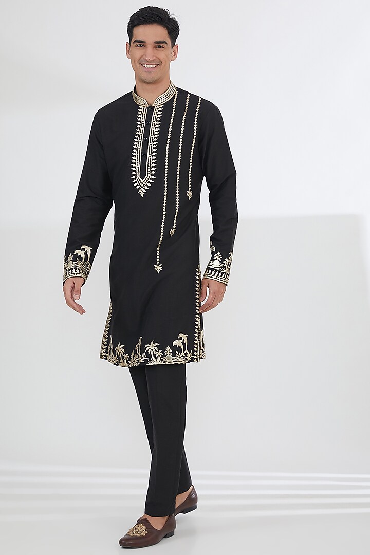 Black Cotton Silk Leatherite Work Kurta Set by SBJ at Pernia's Pop Up Shop