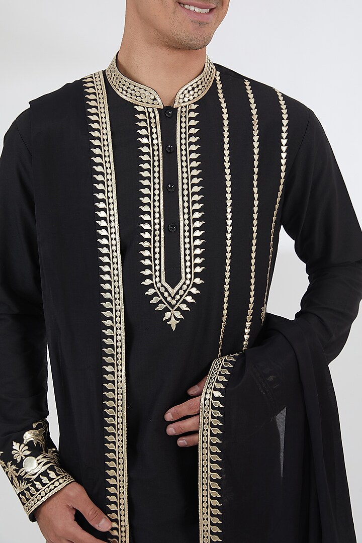 Black Cotton Silk Leatherite Work Kurta Set by SBJ at Pernia's Pop Up Shop