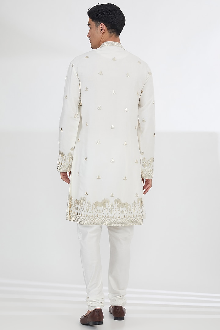 Off-White Dupion Silk Leatherite Work Kurta Set by SBJ at Pernia's Pop Up Shop