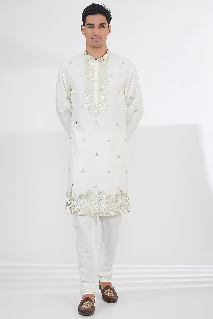 Off-White Dupion Silk Leatherite Work Kurta Set by SBJ at Pernia's Pop Up Shop