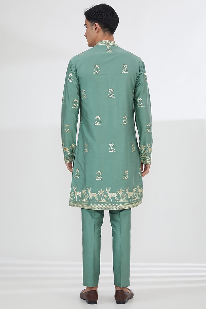 Green Cotton Silk Leatherite Work Kurta Set by SBJ at Pernia's Pop Up Shop
