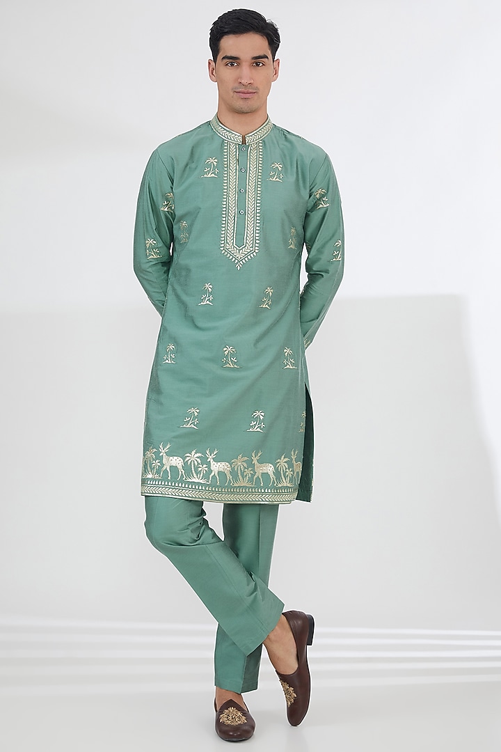 Green Cotton Silk Leatherite Work Kurta Set by SBJ at Pernia's Pop Up Shop