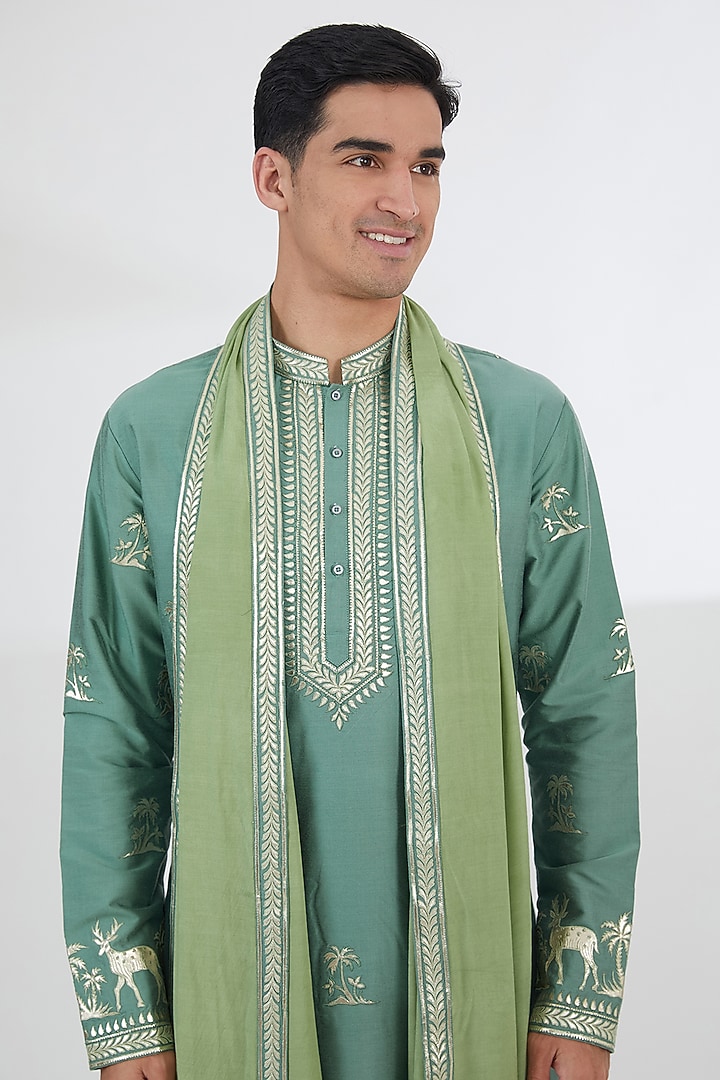 Green Cotton Silk Leatherite Work Kurta Set by SBJ at Pernia's Pop Up Shop