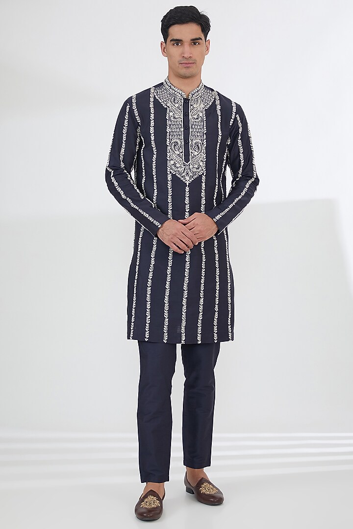 Blue Cotton Silk Thread Work Kurta Set by SBJ at Pernia's Pop Up Shop