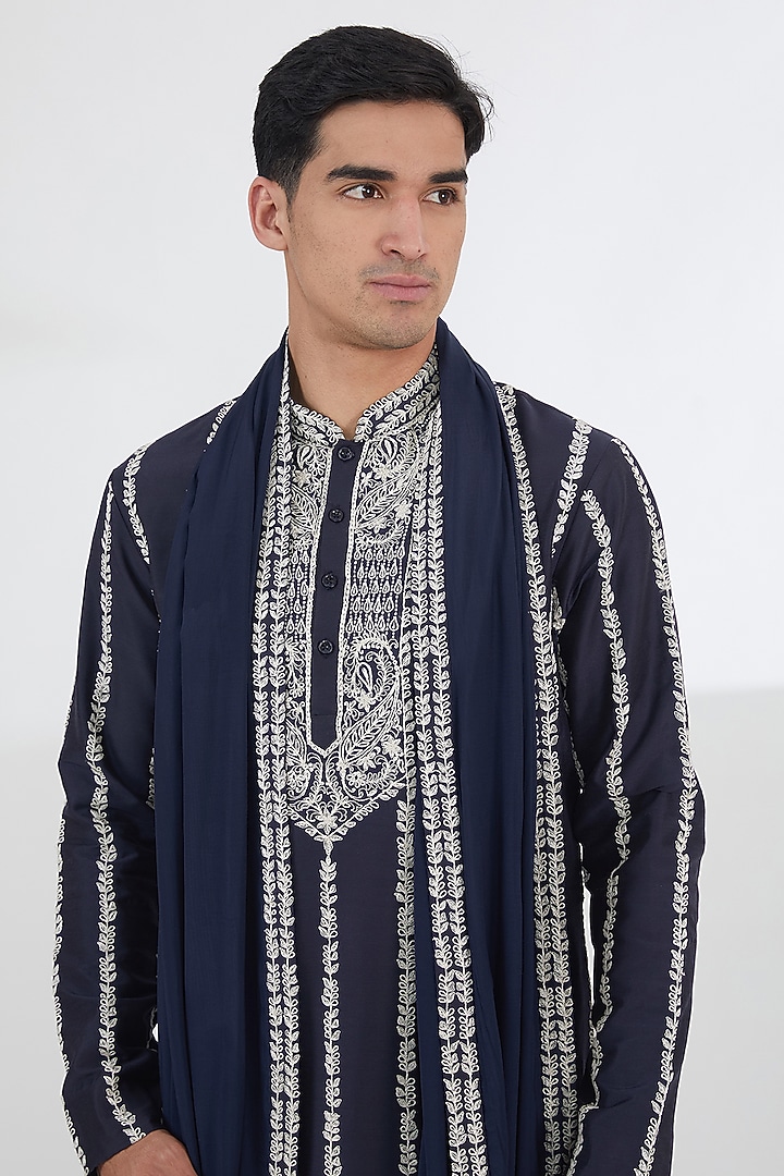 Blue Cotton Silk Thread Work Kurta Set by SBJ at Pernia's Pop Up Shop